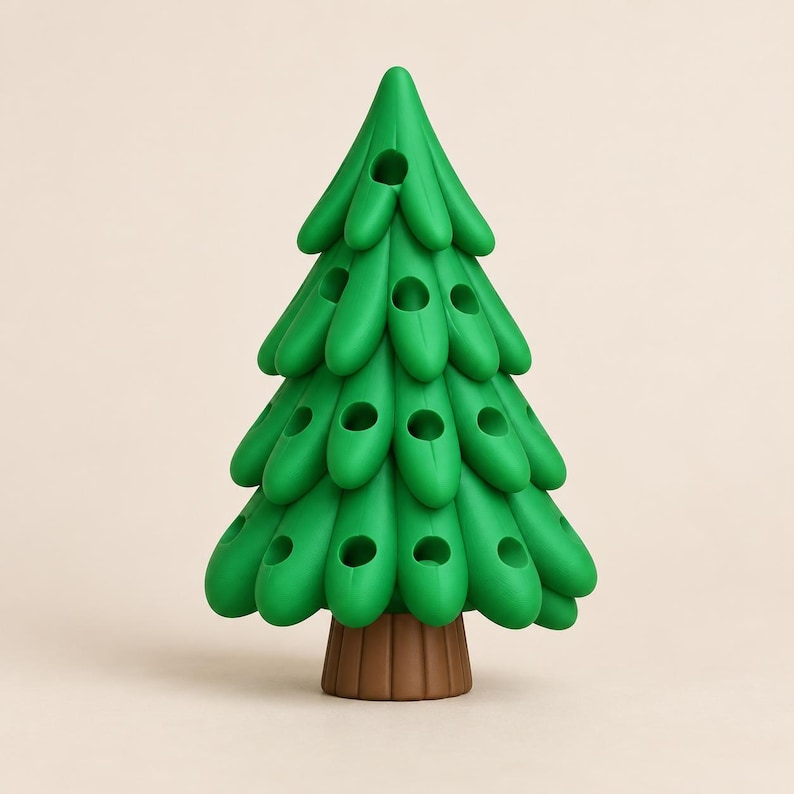 K&ouml;nnte beinhalten: Eine leuchtend gr&uuml;ne, kegelf&ouml;rmige Baumfigur mit einem braunen, zylindrischen Sockel. Der Baum besteht aus mehreren Schichten abgerundeter, blattartiger Vorspr&uuml;nge, die jeweils ein kleines, kreisf&ouml;rmiges Loch zum Halten von Gegenst&auml;nden aufweisen.