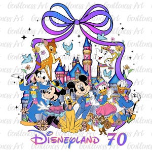 Coquette Bow Watercolor Magic Castle 70º aniversário camisa design png, mouse e amigos comemoração camiseta png, lugar mais feliz na terra png
