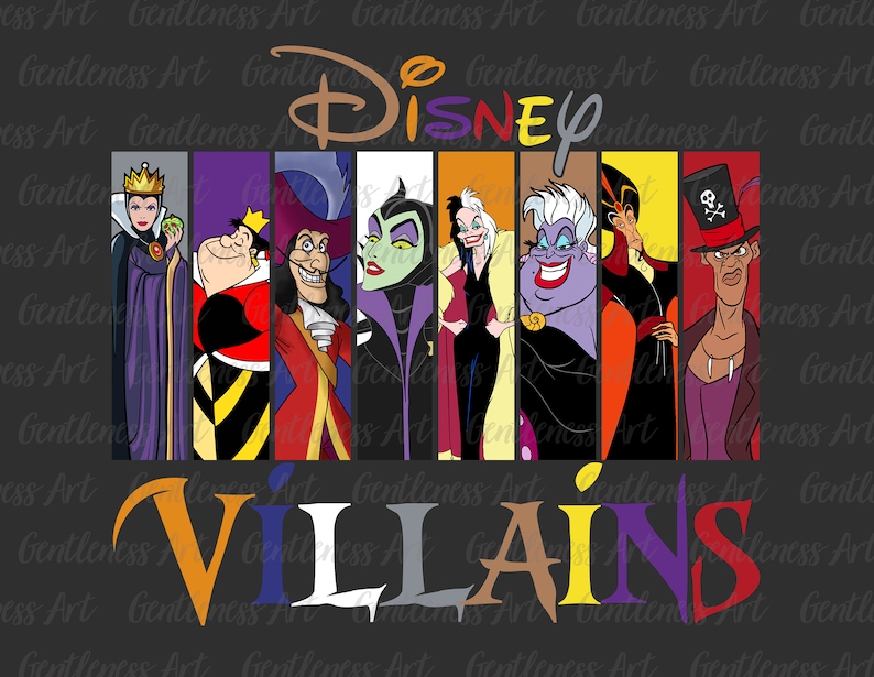 May include: A colorful illustration of Disney villains. The villains are arranged in a row, with their names written in a colorful banner below them. The villains include Maleficent, Ursula, Cruella de Vil, Captain Hook, and the Evil Queen.