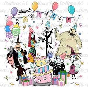 May include: A colorful illustration featuring characters from The Nightmare Before Christmas celebrating a birthday. The image includes a cake, balloons, and the text "Amanda Birthday".