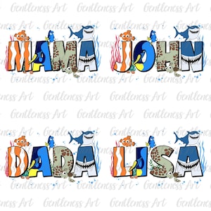 Benutzerdefinierter Name Clownfische Familie passendes Shirt Png, Cartoon Mama und Dada T-Shirt Urlaub Reise Design, personalisierte Kinder Kleinkind Name Png