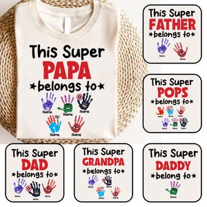 Nome personalizado de pai e filho em PNG, Este Super Pai pertence a designs de camisetas, Super Pai, Impressão de mão personalizada para o Dia dos Pais, Download digital