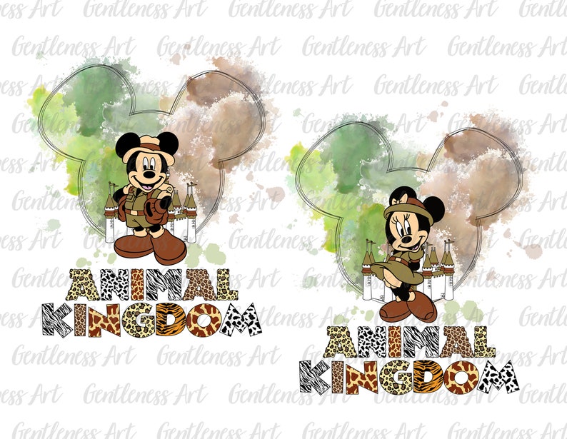 Może przedstawiać: Dwie akwarelowe ilustracje Myszki Miki i Myszki Minnie ubranych w safari. Stoją przed zamkiem z napisem "ANIMAL KINGDOM" w kolorowej czcionce z nadrukiem zwierzęcym.