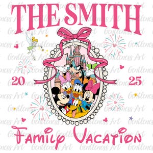 Conception de vacances en famille Png, coquette de souris noeud voyage de vacances saison 2025 png, château rose magique, voyage merveilleux dessin animé vacances assorties