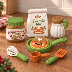 May include: A toy pancake breakfast set including a jar labeled Baby Pancake Hazelnut Spread, a bag labeled Pancake Mix, a white shaker, a green frying pan with a pancake, a white whisk, an orange measuring cup, and an orange spatula.
