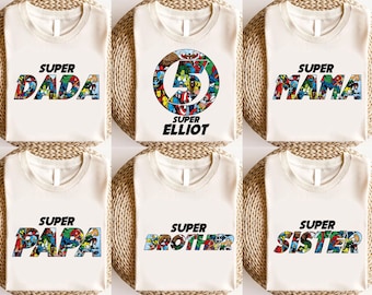 Gepersonaliseerd heldpersonage voor familie bijpassende vakantie, Super Mama, Super Papa, Dada Super Brother, Super Sister, Superhero Squad Verjaardag