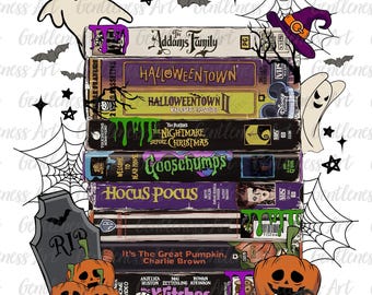 May include: A stack of VHS tapes featuring classic Halloween movies, including 'The Addams Family', 'Halloweentown', 'The Nightmare Before Christmas', 'Goosebumps', 'Hocus Pocus', 'It's the Great Pumpkin, Charlie Brown', and 'The Witches'. The tapes are surrounded by Halloween decorations, including ghosts, pumpkins, and a spider web.