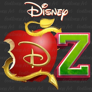 May include: A digital graphic featuring the Disney logo in white and red, a red apple with a gold Disney logo, and a green letter "Z" with a red outline. The background is dark gray.