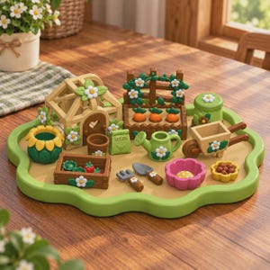 May include: A miniature garden playset featuring a beige greenhouse, a brown trellis with orange carrots, a green watering can, a wooden wheelbarrow, a seed bag labeled SEEDS, a crate of vegetables, gardening tools, and various flower-shaped pots.