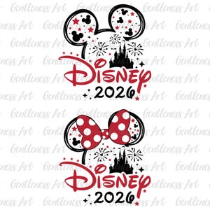 May include: Two Disney-themed designs featuring Mickey Mouse ears, a red bow with white polka dots, and the text "Disney 2026". The designs include fireworks, stars, and a castle silhouette, all in red and black.