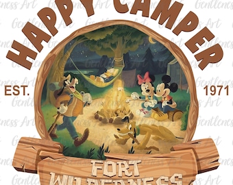 Abiti retrò per famiglie, vacanze 2026, PNG, viaggio in campeggio, maglietta Happy Camper, vacanze abbinate vintage con topo e amici, viaggio meraviglioso