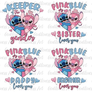 May include: A repeating pattern featuring the characters Stitch and Angel embracing within a heart. The design includes text such as "Keeper of the gender", "Pink or Blue", "Sister loves you", "Daddy loves you", and "Brother loves you".