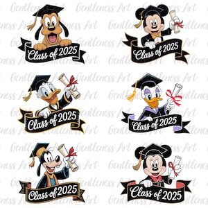 Mouse Graduation 2025 Png Bundle, Cute Cartoon Graduation Cap Png, Cartoon Characters Class of 2025 Png, Png for Kids shirt Senior 2025