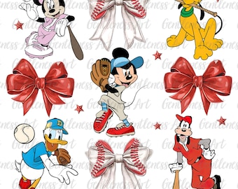 May include: A digital collage of nine images featuring various Disney characters in baseball-themed outfits. The characters include Mickey Mouse, Minnie Mouse, Donald Duck, Goofy, and Pluto. The images are set against a white background and feature red and white baseball-themed bows.