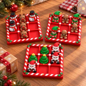 May include: Three square red tic-tac-toe game boards with candy cane striped borders. One board features snowmen and reindeer figures, another has elves and gingerbread men, and the third displays Santa Claus and Christmas tree figures.
