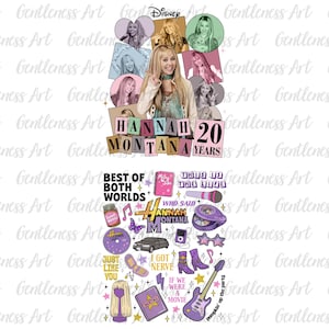 Puede incluir: Un dise&ntilde;o gr&aacute;fico colorido con im&aacute;genes de Hannah Montana, fotos, texto e ilustraciones. El dise&ntilde;o incluye las palabras "Hannah Montana 20 Years" y otras frases y elementos gr&aacute;ficos.