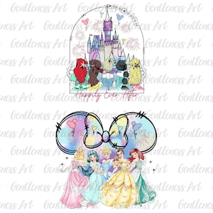 Retro Prinzessin Happily Ever After Png, Aquarell Prinzessinnen Png, Retro buntes Schloss Png, Mausohr Schloss Png, Sublimationsdesign Png