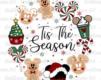 May include: A festive holiday design featuring gingerbread characters, candy canes, and a Christmas tree cupcake. The phrase "Tis The Season" is written in elegant script, surrounded by snowflakes and stars. A cheerful and colorful design.