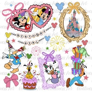 May include: A set of digital clipart images featuring Disney characters, including Mickey Mouse, Minnie Mouse, Donald Duck, Goofy, and Daisy Duck. The images are perfect for creating birthday cards, invitations, party decorations, and other crafts. The images include a castle, fireworks, balloons, and a birthday banner that says "Birthday Girl".