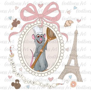 Paris chef png, pastel pink ribbon coquette Png, little chef png, Eiffel Tower Png, funny rat shirt png, family vaction, Snacks Png