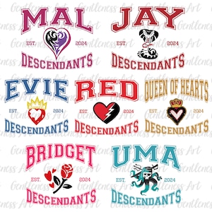 May include: A collection of graphic designs featuring names like "MAL," "JAY," "EVIE," and "UMA" in a collegiate font. Each design includes a related graphic, such as a heart or a snake, and the word "DESCENDANTS" below. The year "2024" is also included.