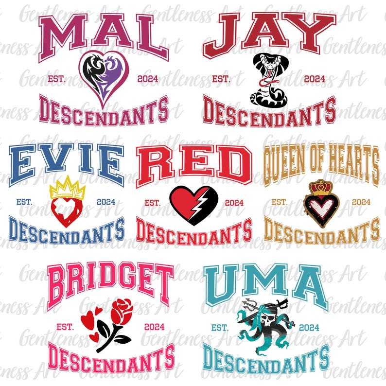 May include: A collection of graphic designs featuring names like "MAL," "JAY," "EVIE," and "UMA" in a collegiate font. Each design includes a related graphic, such as a heart or a snake, and the word "DESCENDANTS" below. The year "2024" is also included.