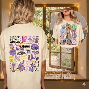 Puede incluir: Camiseta color crema con un dise&ntilde;o gr&aacute;fico que presenta el texto "BEST OF BOTH WORLDS" y "HANNAH MONTANA 20 YEARS". El dise&ntilde;o incluye varias ilustraciones y el logotipo de Disney. La camiseta la lleva una persona.