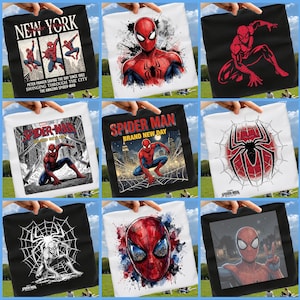 May include: A collection of nine square fabric panels featuring various Spider-Man illustrations, including comic book style action poses, close-up portraits, and spider web graphics in black, white, red, and blue color schemes.