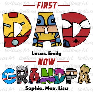 Erster Dad jetzt Opa Superheld Shirt Design, benutzerdefinierter Name passend zu Dada und Kindern Png, Geburtstag Opa personalisiertes Geschenk, Vatertagsgeschenk