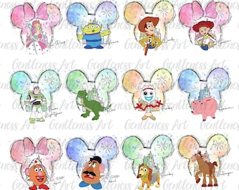Może przedstawiać: Cyfrowy kolaż z 10 postaciami Disneya w sylwetce ucha Myszki Miki. Postacie to: Jessie, Woody, Buzz Astral, Rex, Hamm, Pan Potato Head, Slinky Dog, Bullseye, Bo Peep i Alien. Każda postać jest otoczona akwarelowym tłem z fajerwerkami.