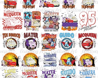 May include: A collection of Halloween-themed designs featuring characters from the movie Cars. Designs include Lightning McQueen, Mater, and Guido, with text like "Halloween", "Trick or Treat", and "Boo!!". The designs are in various colors.