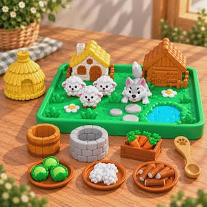 May include: A toy playset featuring a green base with a white house, a brown log cabin, three white sheep, and a gray wolf. Accessories include a yellow straw hut, a gray stone well, a wooden bucket, a crate of carrots, and three small plates.
