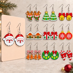 May include: A collection of Christmas-themed dangle earrings featuring colorful designs including Santa Claus, reindeer, Christmas trees, bells, gingerbread houses, gift boxes, ornaments, wreaths, and candy canes with silver-toned metal hooks.