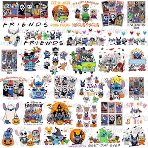 May include: A selection of Halloween-themed designs featuring the character Stitch, with other characters and phrases like "Friends" and "Trick or Treat." The designs include pumpkins, ghosts, and spooky imagery, ideal for Halloween.