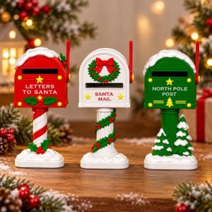 May include: Three decorative tabletop mailboxes with snow-covered tops. The red one reads LETTERS TO SANTA, the white one reads SANTA MAIL with a wreath, and the green one reads NORTH POLE POST. Each features a red flag and a unique base.