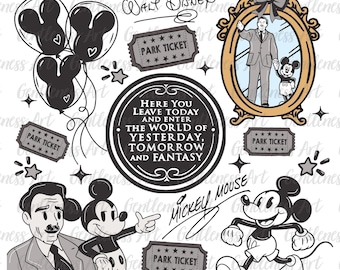 Classic Mouse Holiday Theme Park Clipart, Retro Mouse Balloons Png, Magic Ticket Png, Family Vacation Png Sublimation, Mouse Signature Png