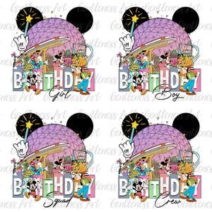 May include: A colorful digital design featuring Mickey Mouse and friends celebrating a birthday. The design includes the word "BIRTHDAY" in large, colorful letters, with options for "Girl", "Boy", "Squad", and "Crew". The background includes a purple sphere and a futuristic ride.
