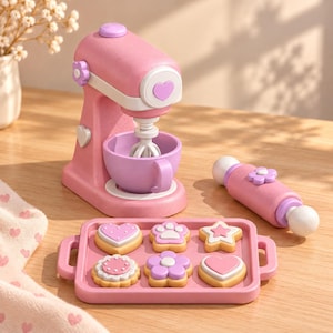 May include: A pink toy stand mixer with a purple bowl and whisk, a pink rolling pin with a purple flower accent, and a pink rectangular tray holding six assorted cookie shapes including hearts, a star, and a paw print.