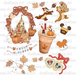 Peut inclure: Illustrations numériques sur le thème de l'automne, avec des personnages Disney et des éléments automnaux. Comprend un château, des citrouilles, Tic et Tac, une boisson au café et le texte "FALL VIBES".