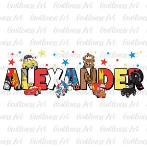 Benutzerdefinierter Name Kid Boys Sublimation, personalisierte Cartoon Car Gruppe T-Shirt Design Png, passender Familienurlaub, Mama und Papa, Jungen Geschenkideen