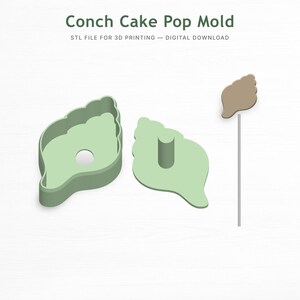 May include: A light green conch cake pop mold with the text "Conch Cake Pop Mold" and "STL FILE FOR 3D PRINTING - DIGITAL DOWNLOAD". The mold is designed to create conch-shaped cake pops. A finished cake pop on a stick is also shown.