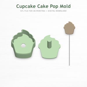 Op de afbeelding: Een lichtgroene cupcake cake pop mal met de tekst "Cupcake Cake Pop Mold" en "STL FILE FOR 3D PRINTING - DIGITAL DOWNLOAD". De mal bevat twee cupcake-vormige mallen en een cupcake cake pop op een stokje.