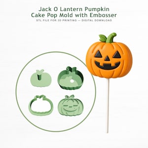 May include: Jack O Lantern Pumpkin Cake Pop Mold with Embosser STL FILE FOR 3D PRINTING — DIGITAL DOWNLOAD. A set of light green plastic moulds and a cutter for creating pumpkin-shaped cake pops, alongside a finished orange pumpkin cake pop.