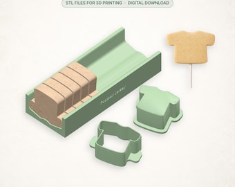 May include: A light green football jersey cake pop mold set including a holding tray, a cutter, and a pusher. The text reads FOOTBALL JERSEY CAKE POP MOLD WITH TRAY SET, STL FILES FOR 3D PRINTING, DIGITAL DOWNLOAD, CUTTER, PUSHER, HOLDING TRAY.