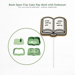 Book Open Flat Cake Pop Mold with Fondant Embosser & Cutter - Mold, Plunger, Cutter, Stamp - STL File for 3D Printing - Digital Download