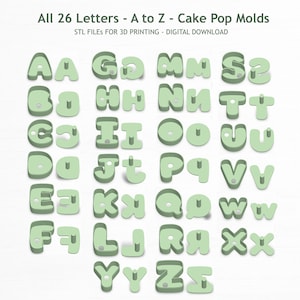 May include: A collection of 26 green cake pop molds, each shaped as a letter of the alphabet, from A to Z. The molds are in both uppercase and lowercase forms. The text at the top says "All 26 Letters - A to Z - Cake Pop Molds".