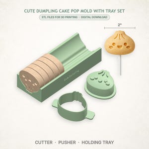 May include: A light green dumpling cake pop mold set including a cutter, a pusher, and a holding tray. The text reads CUTE DUMPLING CAKE POP MOLD WITH TRAY SET, STL FILES FOR 3D PRINTING, DIGITAL DOWNLOAD, CUTTER, PUSHER, HOLDING TRAY. A 2 inch dumpling pop.