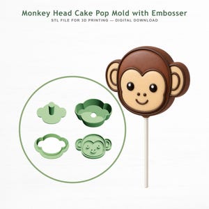 Monkey Head Cake Pop Mold with Fondant Embosser & Cutter - Mold, Plunger, Cutter, Stamp - STL File for 3D Printing - Digital Download