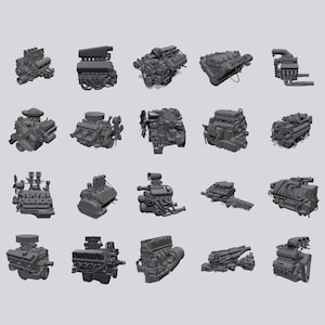 May include: A collection of twenty gray engine models, each with intricate details of various engine designs. The engines vary in size and style, showcasing different configurations and components. The models are arranged on a light gray background.