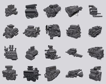 Op de afbeelding: Een verzameling van twintig grijze motormodellen, elk met ingewikkelde details van verschillende motorontwerpen. De motoren variëren in grootte en stijl en tonen verschillende configuraties en componenten. De modellen zijn gerangschikt op een lichtgrijze achtergrond.